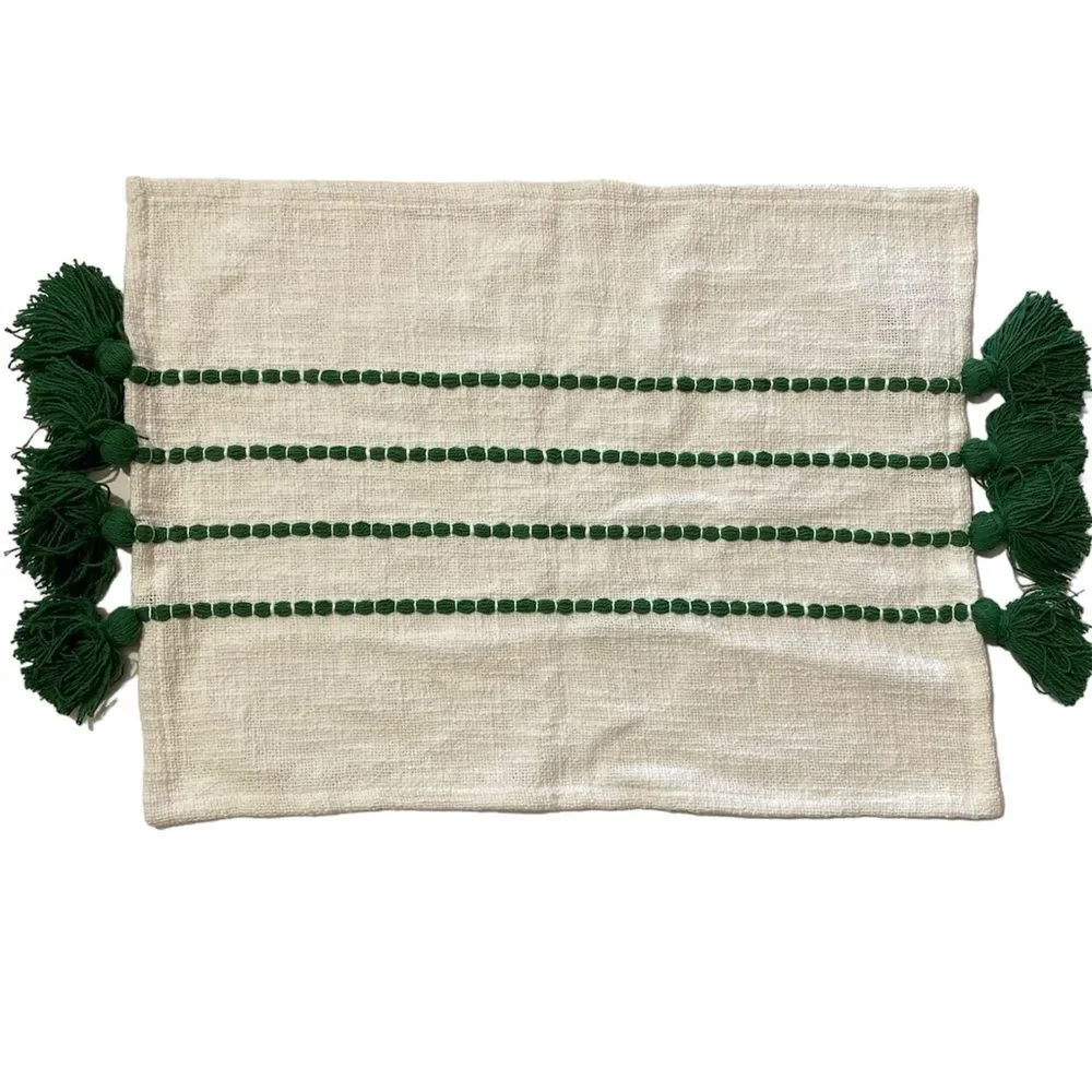 H is For Happy Green Woven Stripe And Tassel Boho Placemats Set Of Two